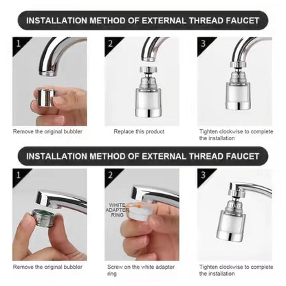A six-panel diagram illustrating two methods for installing the faucet aerator onto different types of faucets.