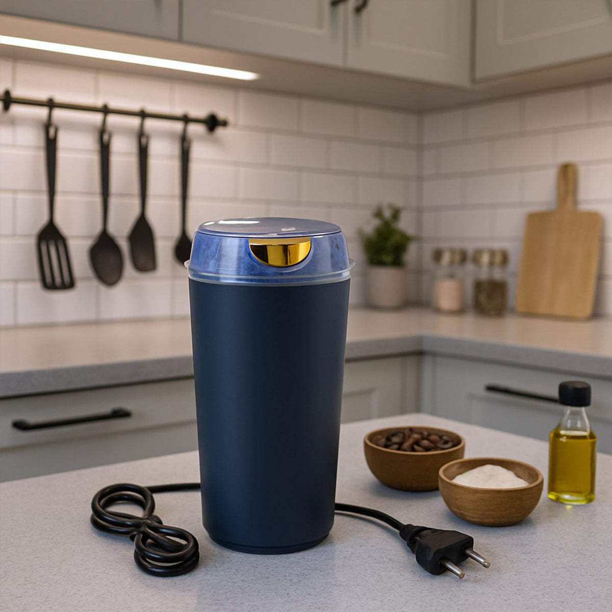A dark blue electric grinder with a clear lid and gold accent sits on a kitchen counter, with small bowls of coffee beans