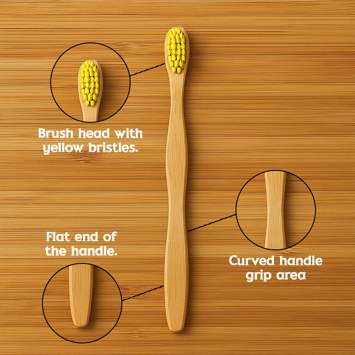 An overhead view of the bamboo toothbrush highlights its yellow bristles and curved handle.