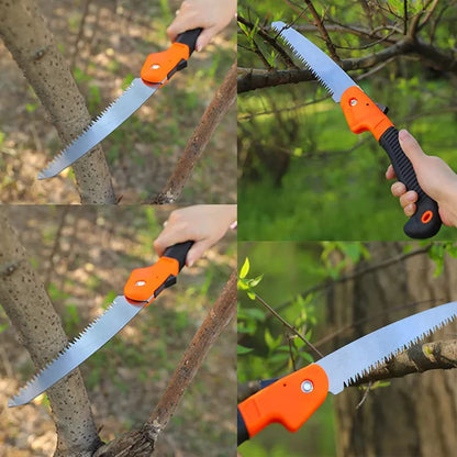 A four-panel image shows a person using the folding saw to prune branches on a tree in various positions.