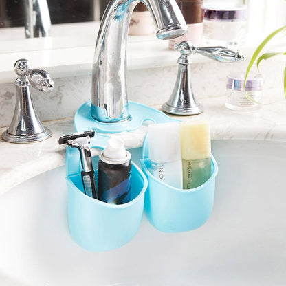 Blue plastic sink caddy holding a razor, shaving cream, and toiletries on a bathroom sink faucet.