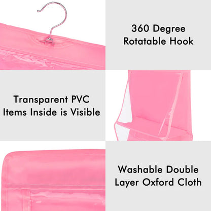 Collage showing a 360-degree rotatable hook, transparent PVC, and washable double layer Oxford cloth details of the