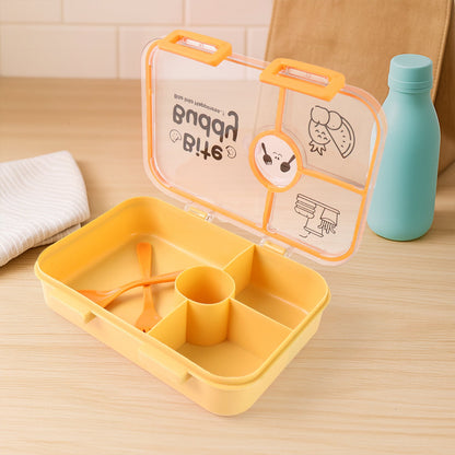 Open yellow 4-compartment lunch box with orange cutlery inside, next to a light blue water bottle.