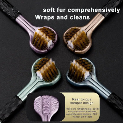 Four three-sided toothbrush heads in purple, beige, mint, and blue, with an inset of the purple brush head's tongue scraper.