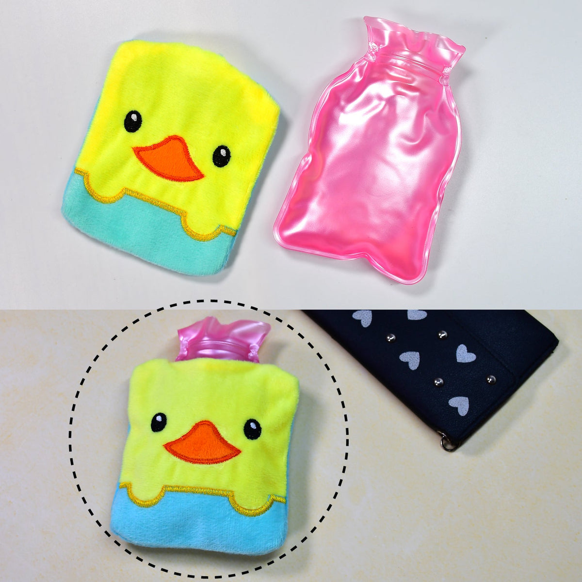 The yellow duck hot water bag and its pink plastic insert are shown separately, with an inset of the assembled bag.