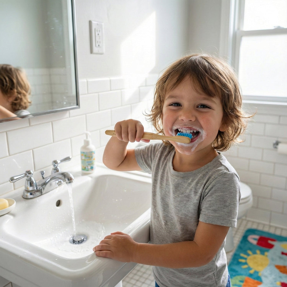 A young boy with a blue-bristled bamboo toothbrush in his mouth, smiling at the camera in a bathroom.