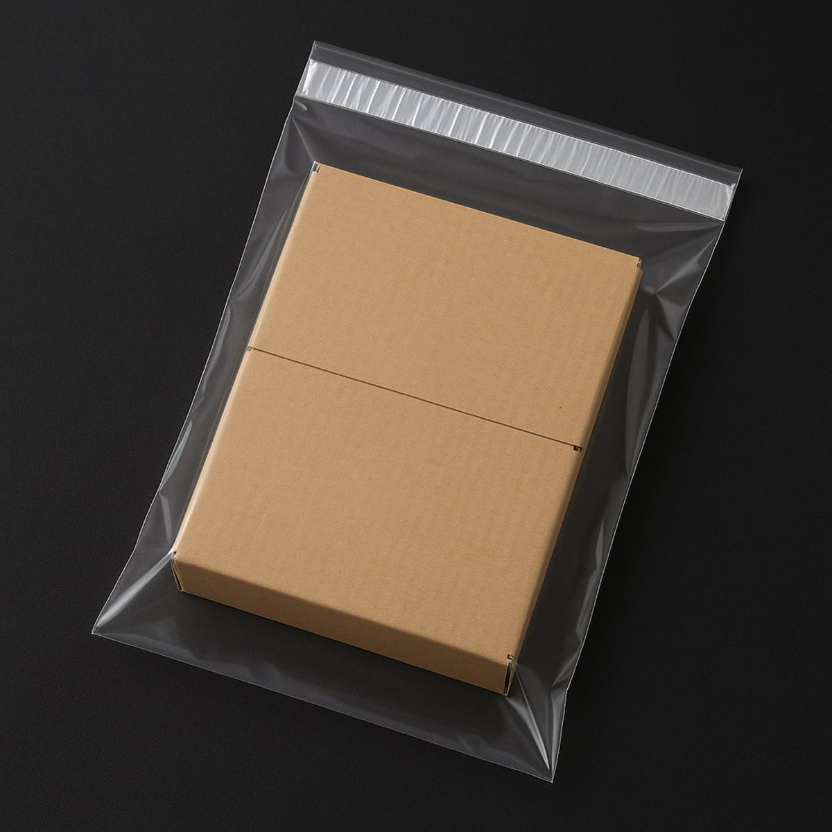A clear polybag containing a flat brown cardboard box on a dark background.