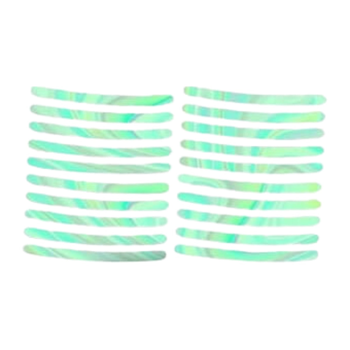 Twenty reflective sticker strips arranged in two columns on a white 