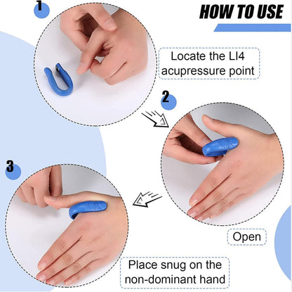A three-step diagram illustrates how to locate the LI4 acupressure point and place the blue clip on the hand.