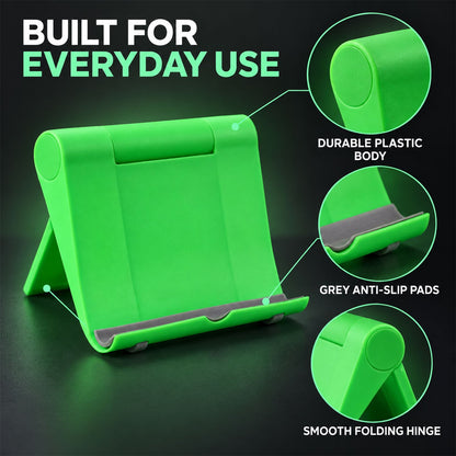 A green foldable stand with callouts highlighting its durable plastic, grey anti-slip pads, and smooth hinge.