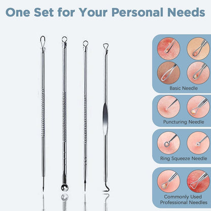 Four stainless steel blackhead remover tools are displayed with diagrams showing their different uses on skin.