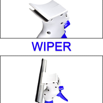 Top: The white and blue spray head. Bottom: The spray head with a black squeegee attached, labeled 'WIPER'.