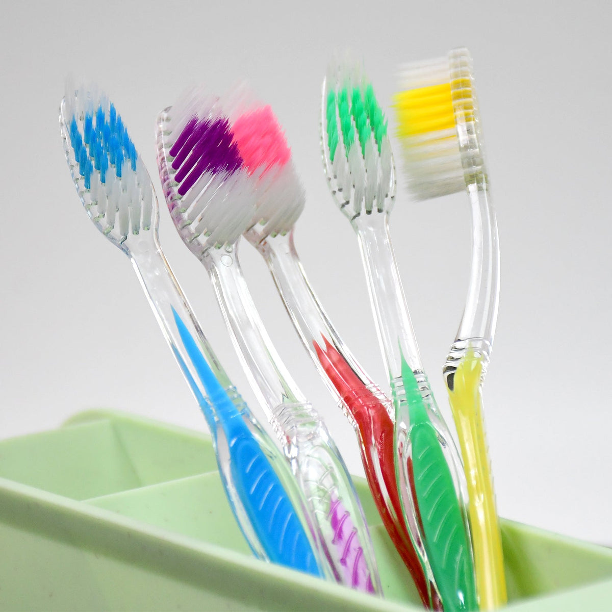 Four colorful toothbrushes with clear handles are standing upright in a light green plastic organizer.