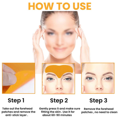 Three steps demonstrating how to use the forehead patches, from peeling to application and removal.
