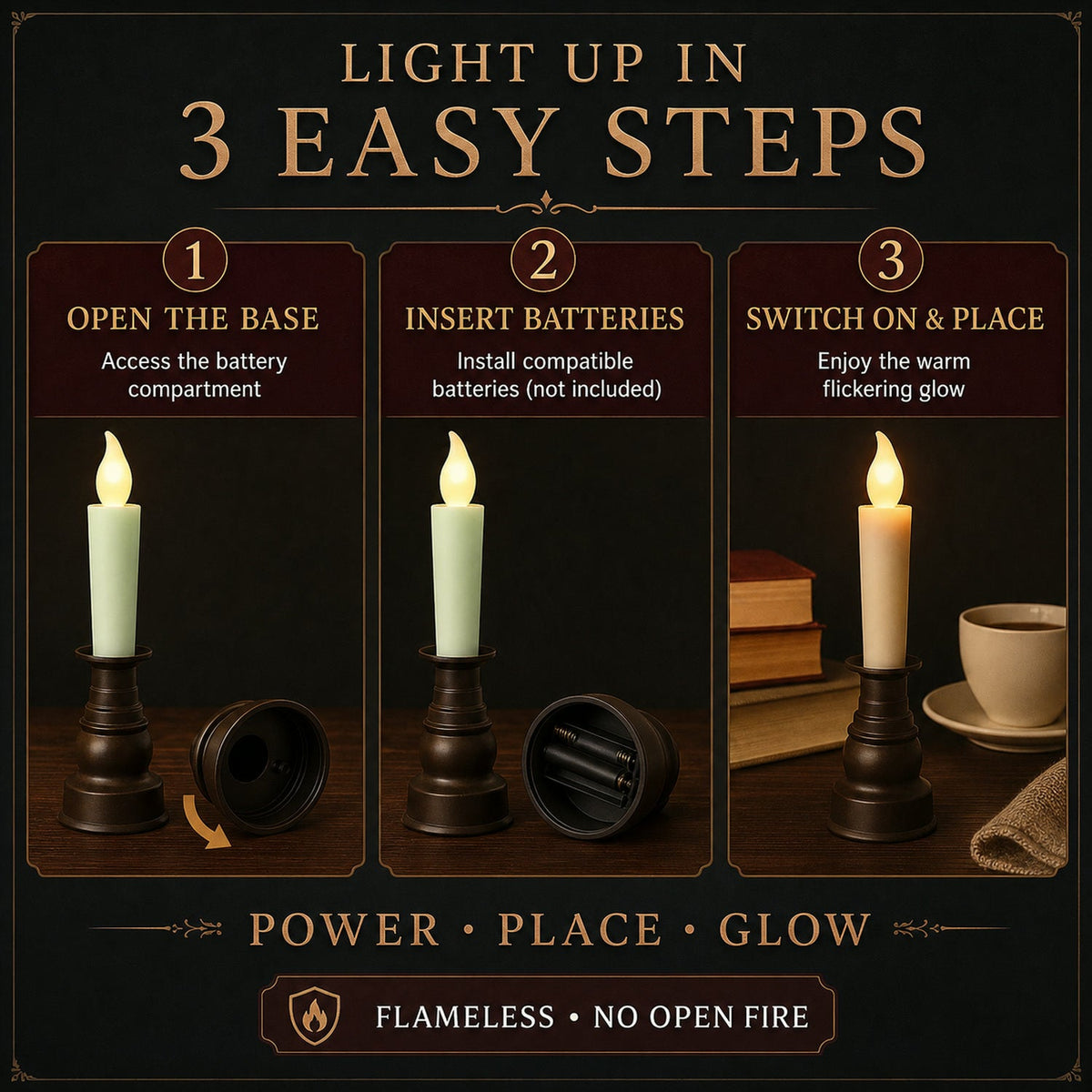 An infographic demonstrating three easy steps to light up the LED candle: open, insert batteries, switch on.