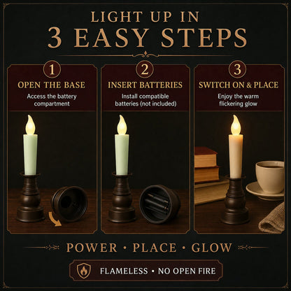 An infographic demonstrating three easy steps to light up the LED candle: open, insert batteries, switch on.