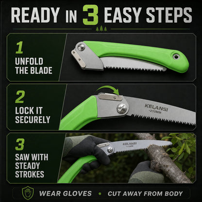 A three-step instruction graphic shows how to unfold, lock, and use the green handled folding saw.