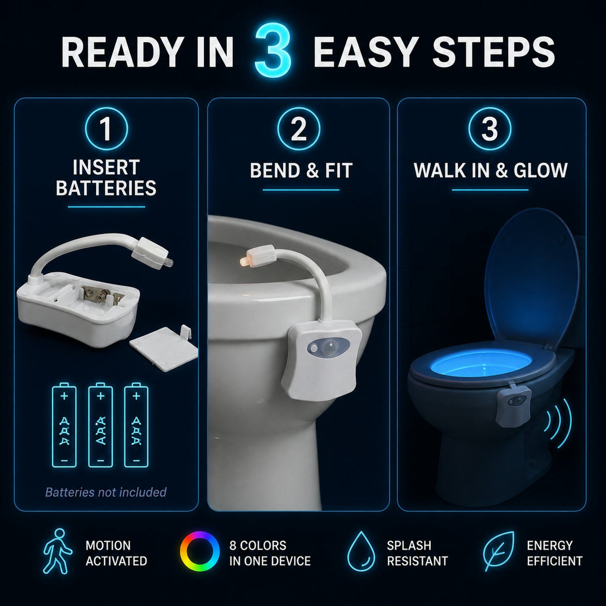User guide showing how to install and use the motion sensor toilet light