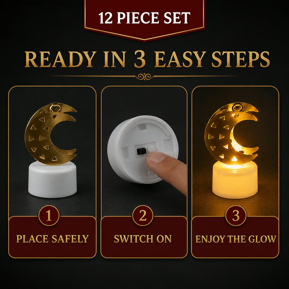 Guide showing different usage scenarios for moon shaped flameless LED candles.