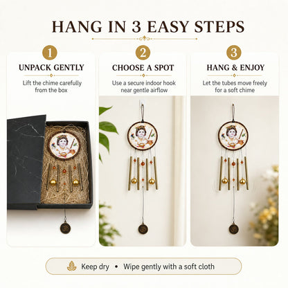 A three-step guide shows how to unpack, choose a spot, and hang the Krishna wind chime for enjoyment.