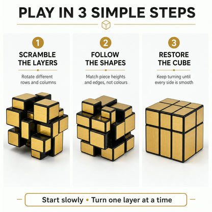Usage guide for the gold mirror cube puzzle.