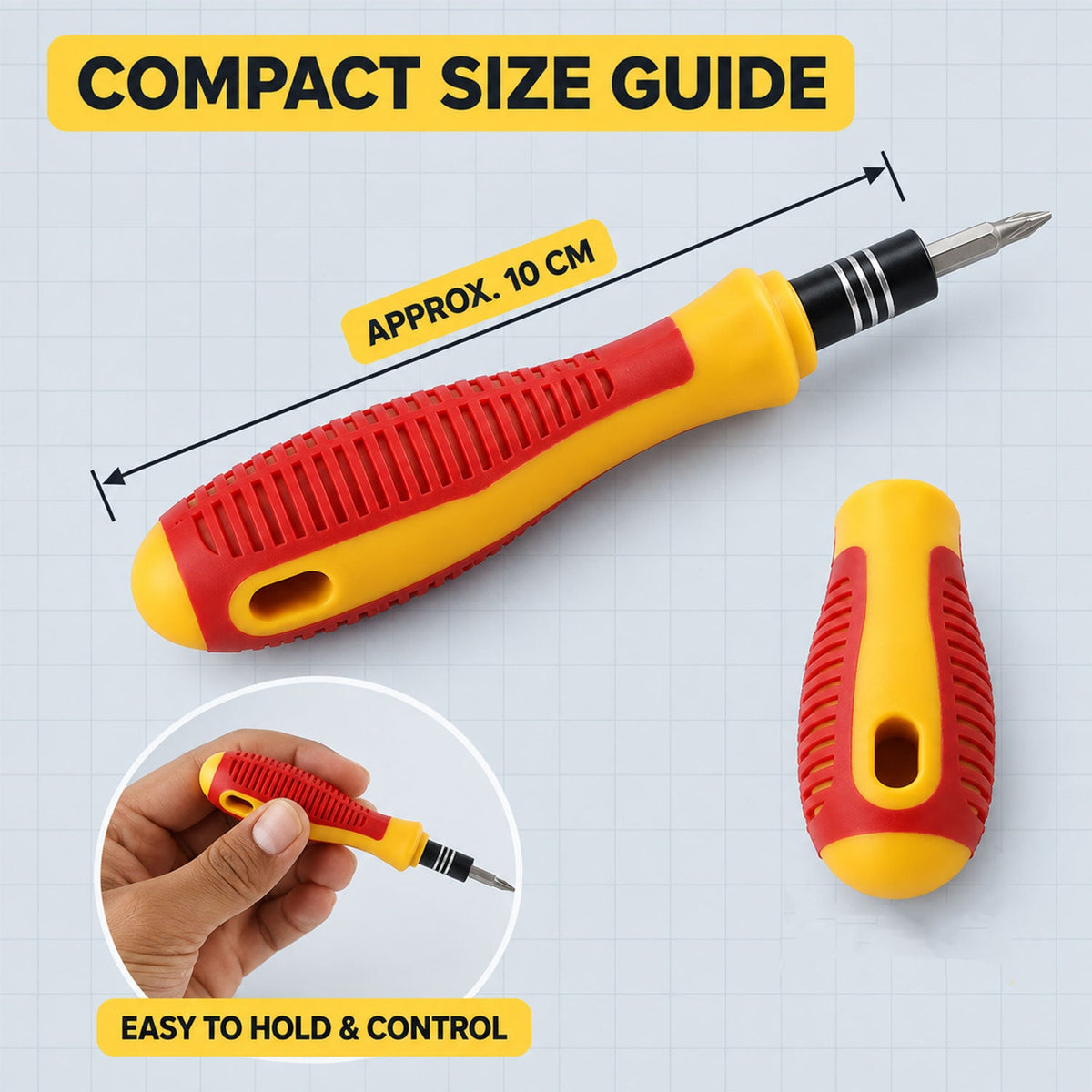 A yellow and red screwdriver with a 10 cm measurement, shown with a detached handle and a hand holding it.