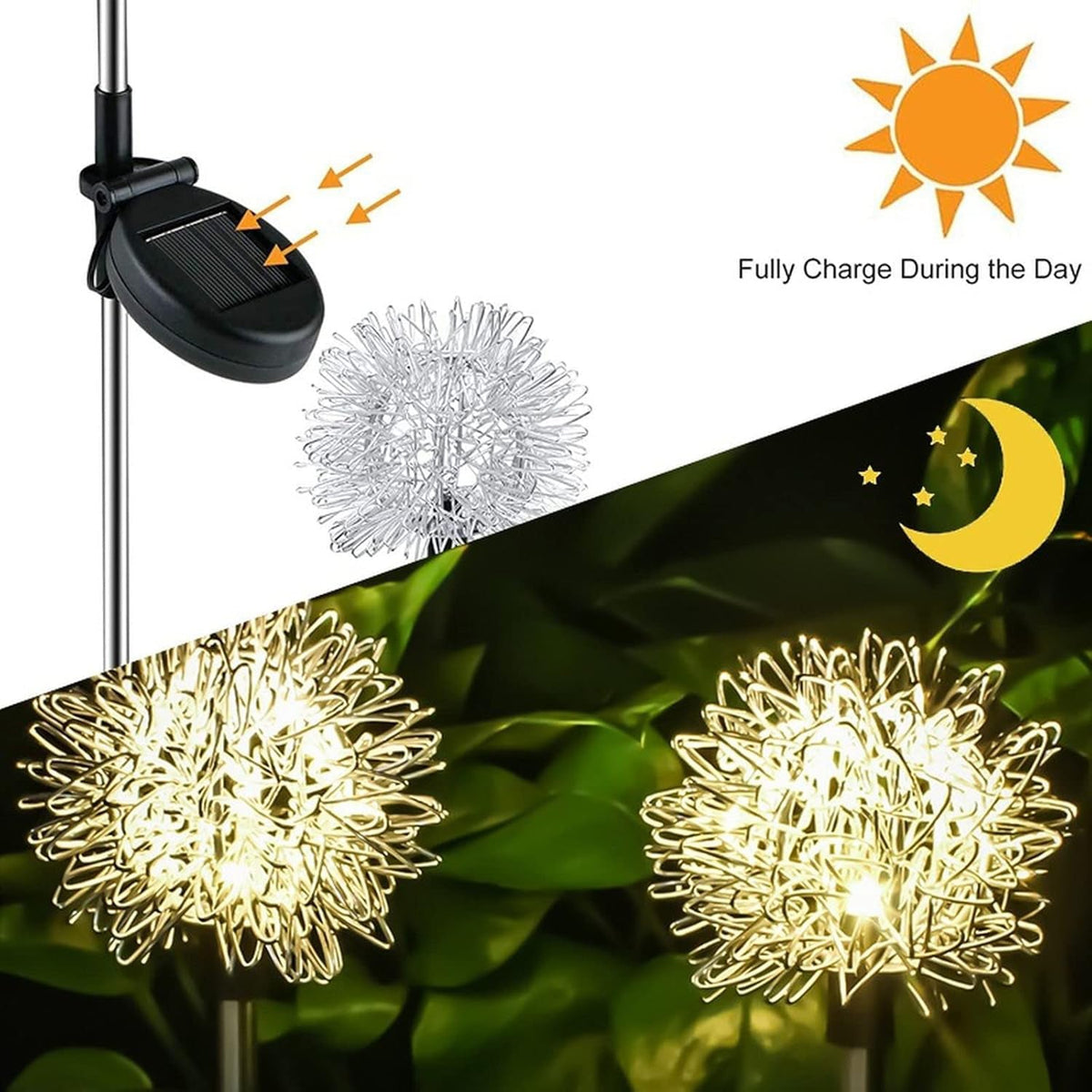 A split image showing a silver dandelion solar light charging in daylight and two glowing warm white at night.
