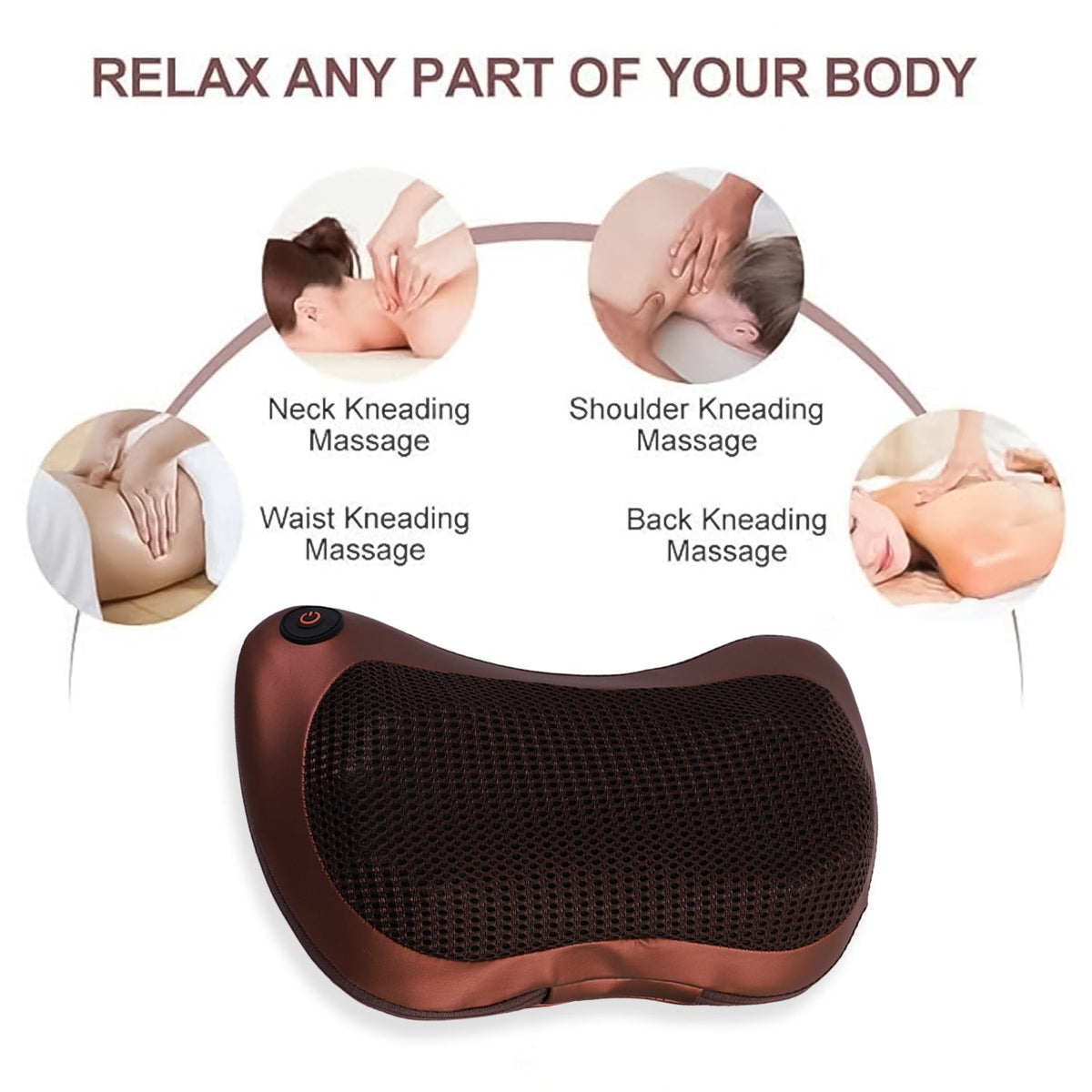 A brown massage pillow with a power button, surrounded by four circular insets demonstrating its use for neck, shoulder,