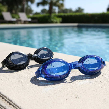 Two pairs of swimming goggles, one black and one blue, with clear lenses, displayed side-by-side on a white background.