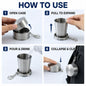 A four-panel graphic illustrating how to open, expand, use, collapse, and clip the stainless steel collapsible cup to a