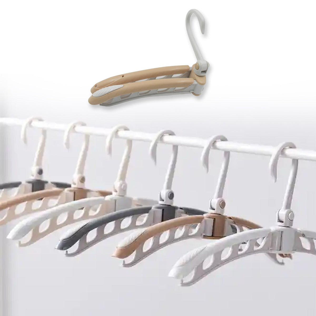 A row of white, beige, and gray folding hangers on a white clothing rack. An inset shows a folded hanger.