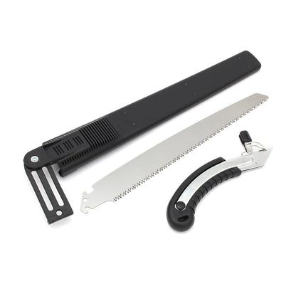 A disassembled silver folding hand saw with its black handle, blade, and black protective cover laid out on a white
