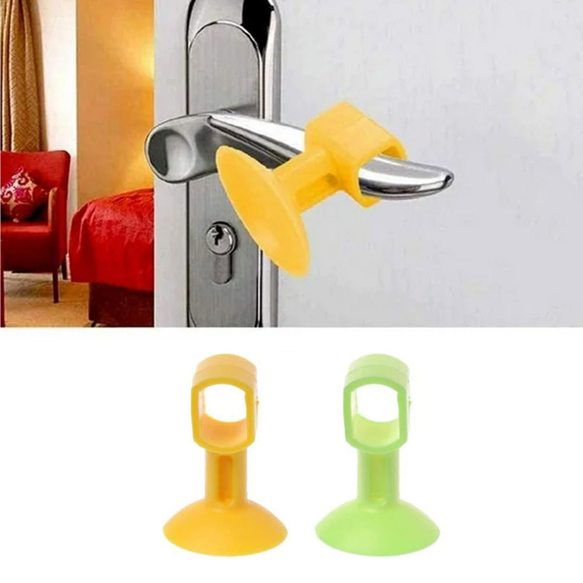 A yellow silicone door stopper is on a door handle, with two more in yellow and green displayed below.