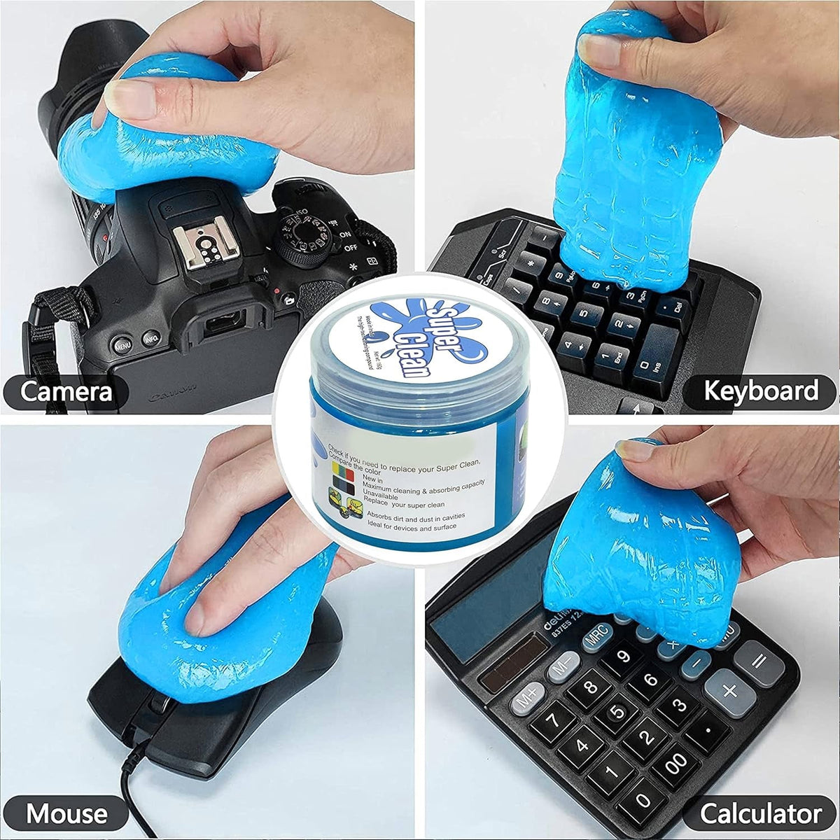 Four insets show blue cleaning gel used on a camera, keyboard, mouse, and calculator, with the product jar in the center.