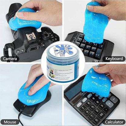 Four insets show blue cleaning gel used on a camera, keyboard, mouse, and calculator, with the product jar in the center.