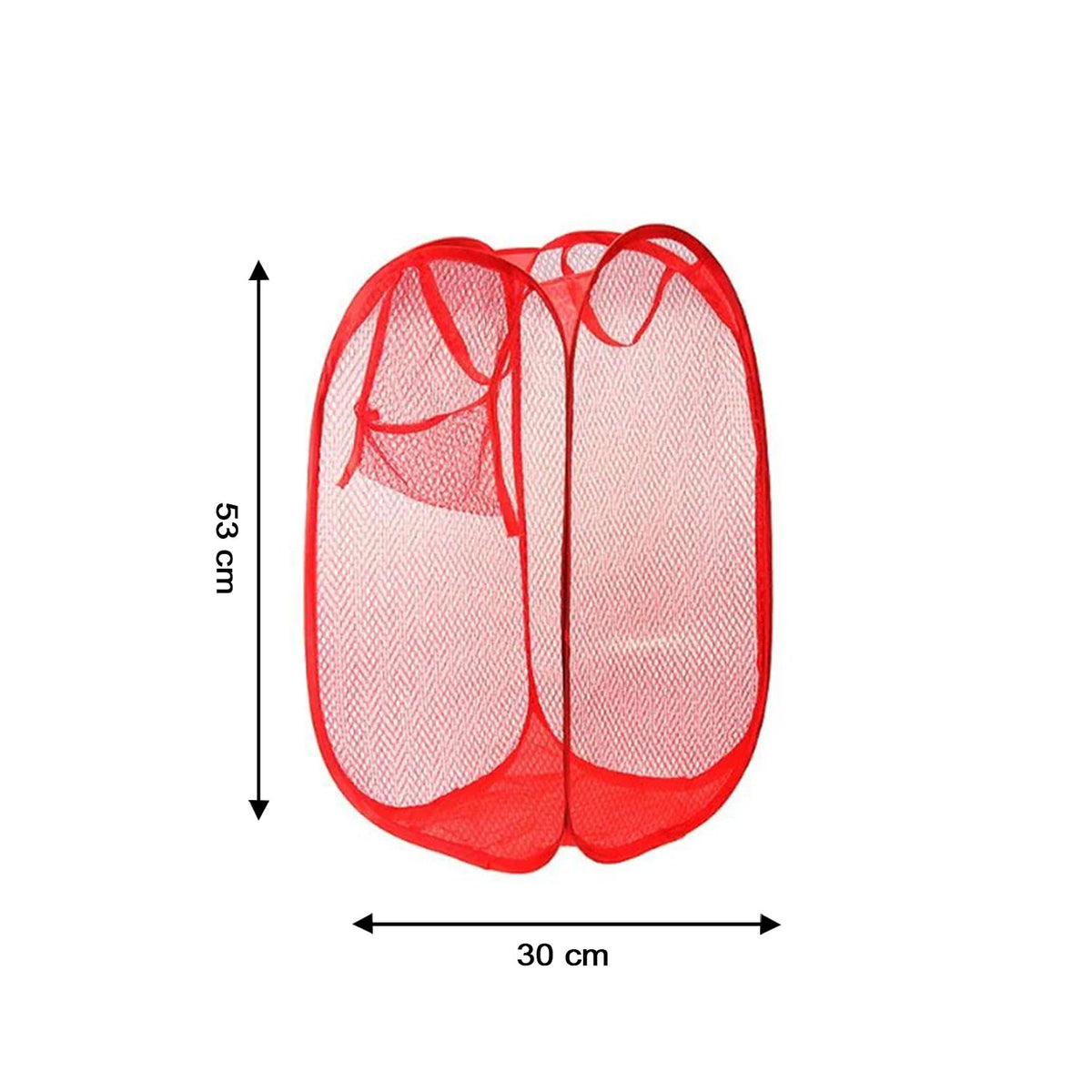 Ventilated mesh clothes basket holding a pile of laundry.