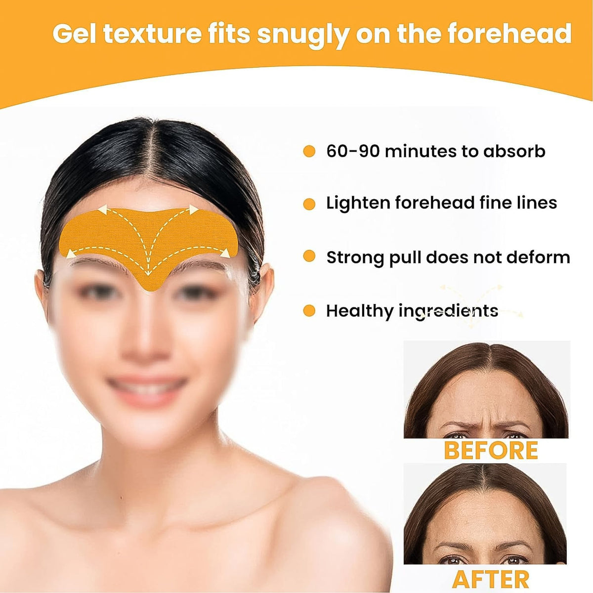 A woman with a gold forehead patch, next to text highlighting product features and before/after images.