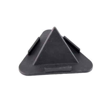 A black pyramid-shaped mobile stand with three support ledges is shown against a white background.
