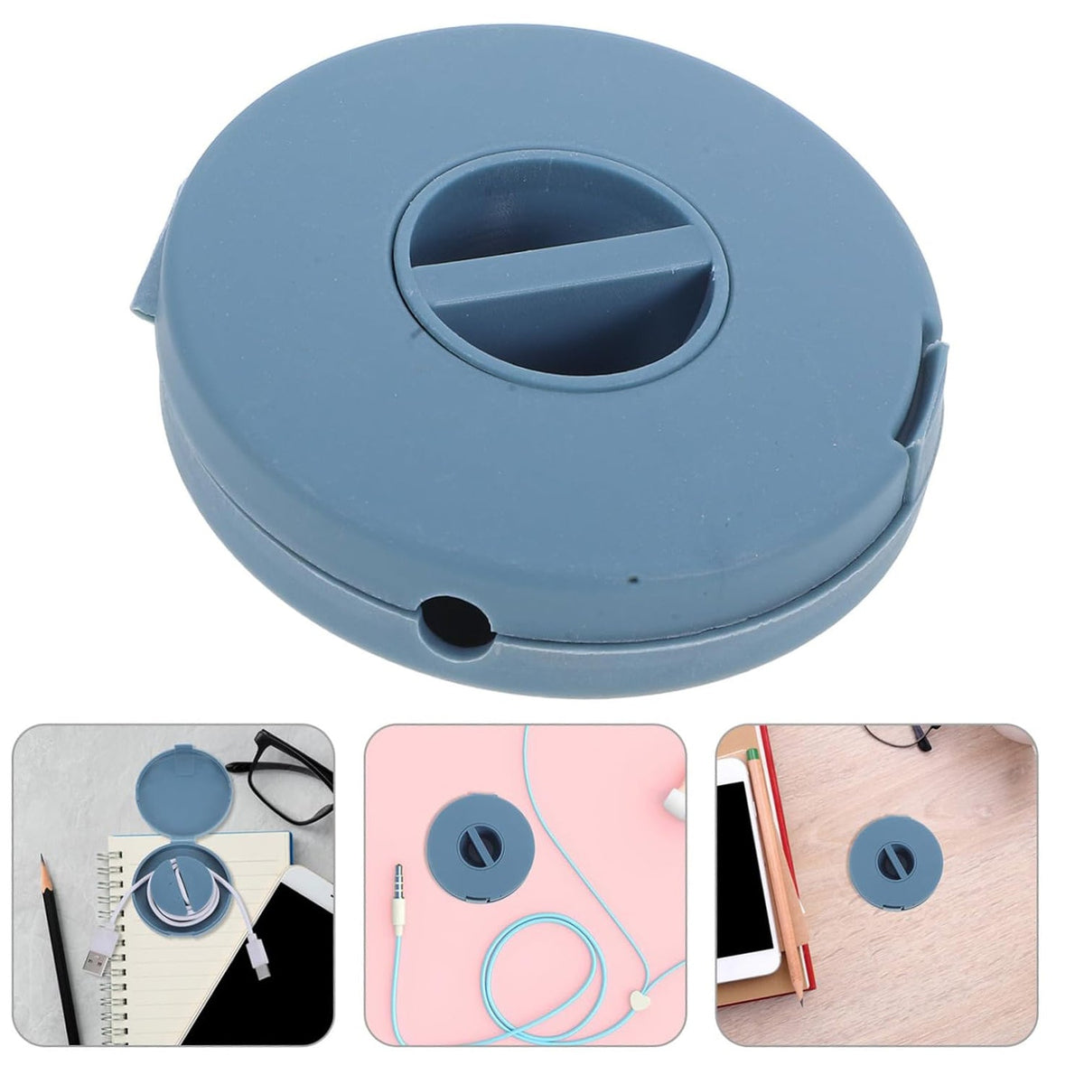 A closed blue cable winder case with a circular top is shown with three smaller inset images of the product in use.