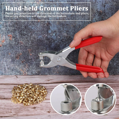 A hand holding red-handled grommet pliers over a pile of gold eyelets, with two circular insets showing pliers detail.