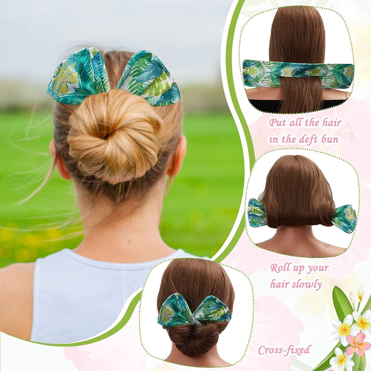 Three insets showing how to use a green tropical print bun maker to create a hair bun.