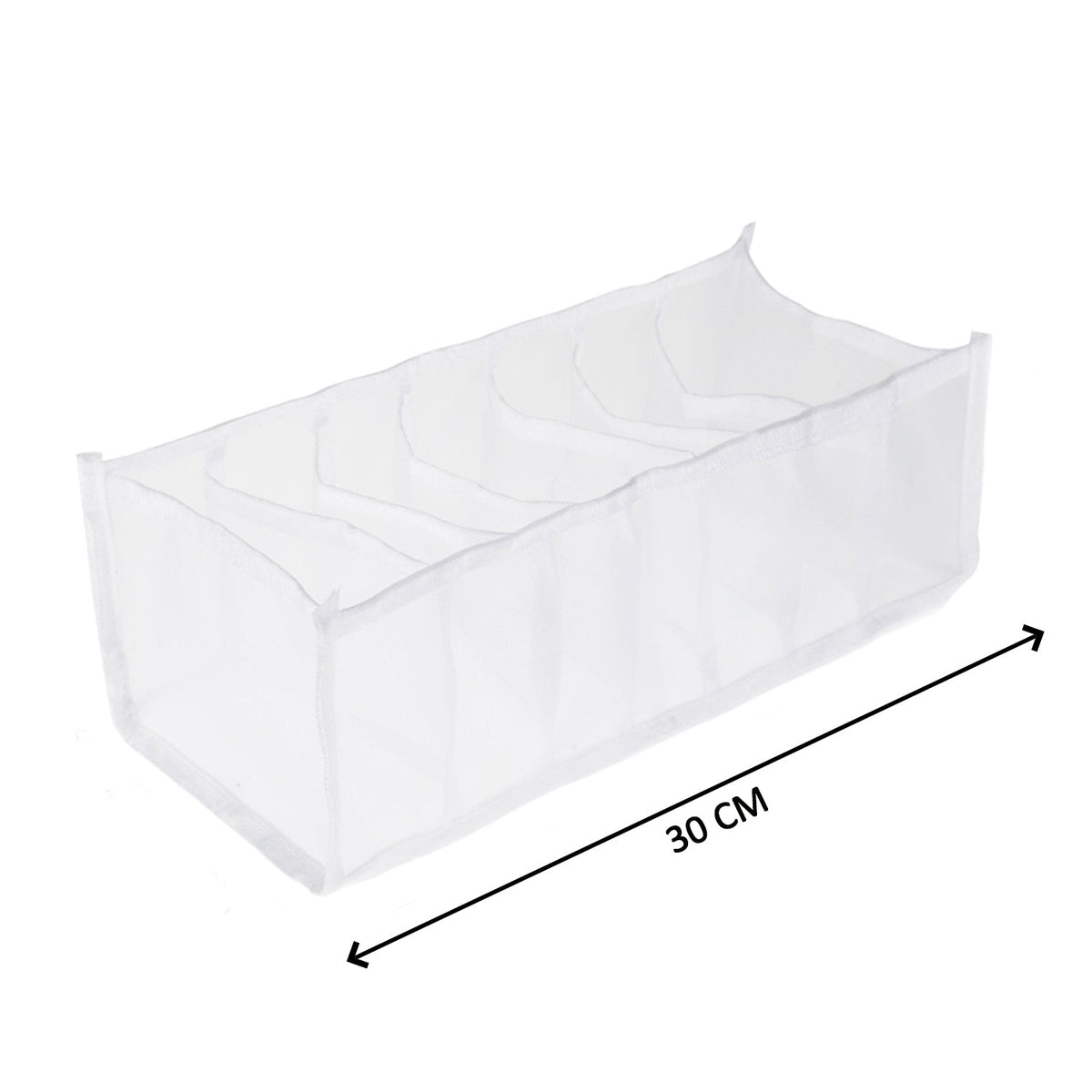 A white mesh organizer with seven empty sections is shown with a 30 cm measurement arrow indicating its length.