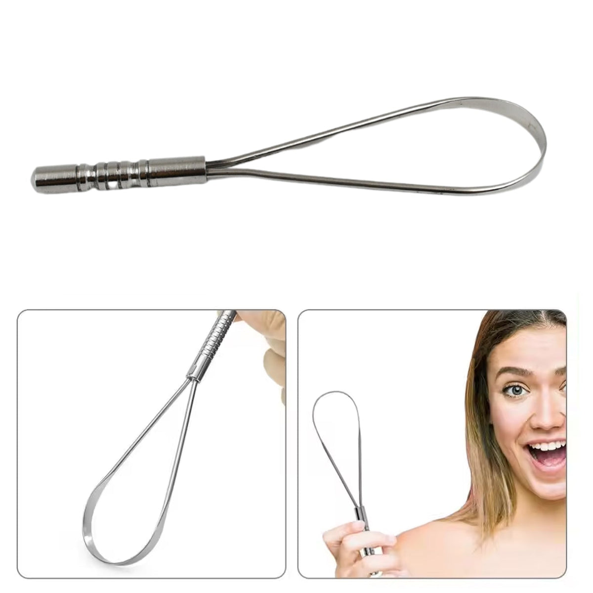 A silver metal tongue cleaner is shown from above, with two smaller images of a woman holding the cleaner below.