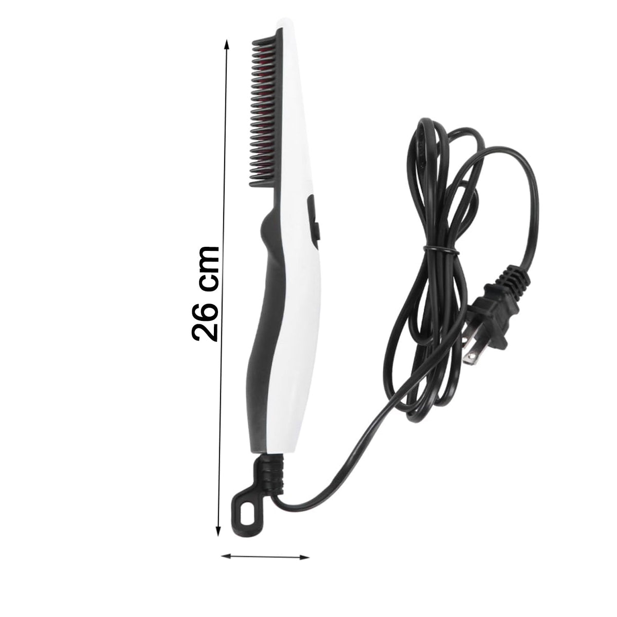 A white and black electric hair and beard straightening comb with a black cord and plug is shown on a white background, with