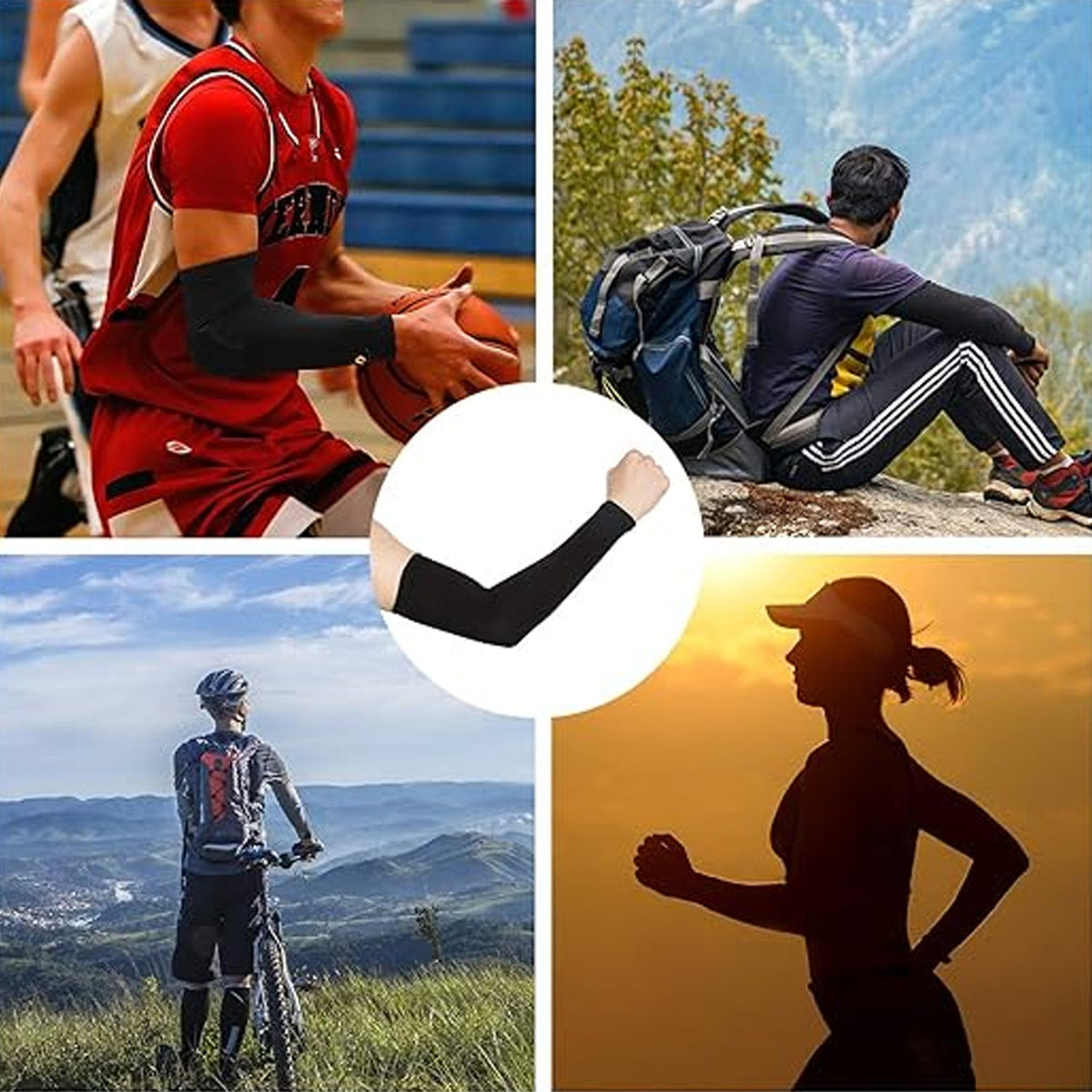 A four-panel collage showing people wearing black compression sleeves during basketball, hiking, cycling, and running.
