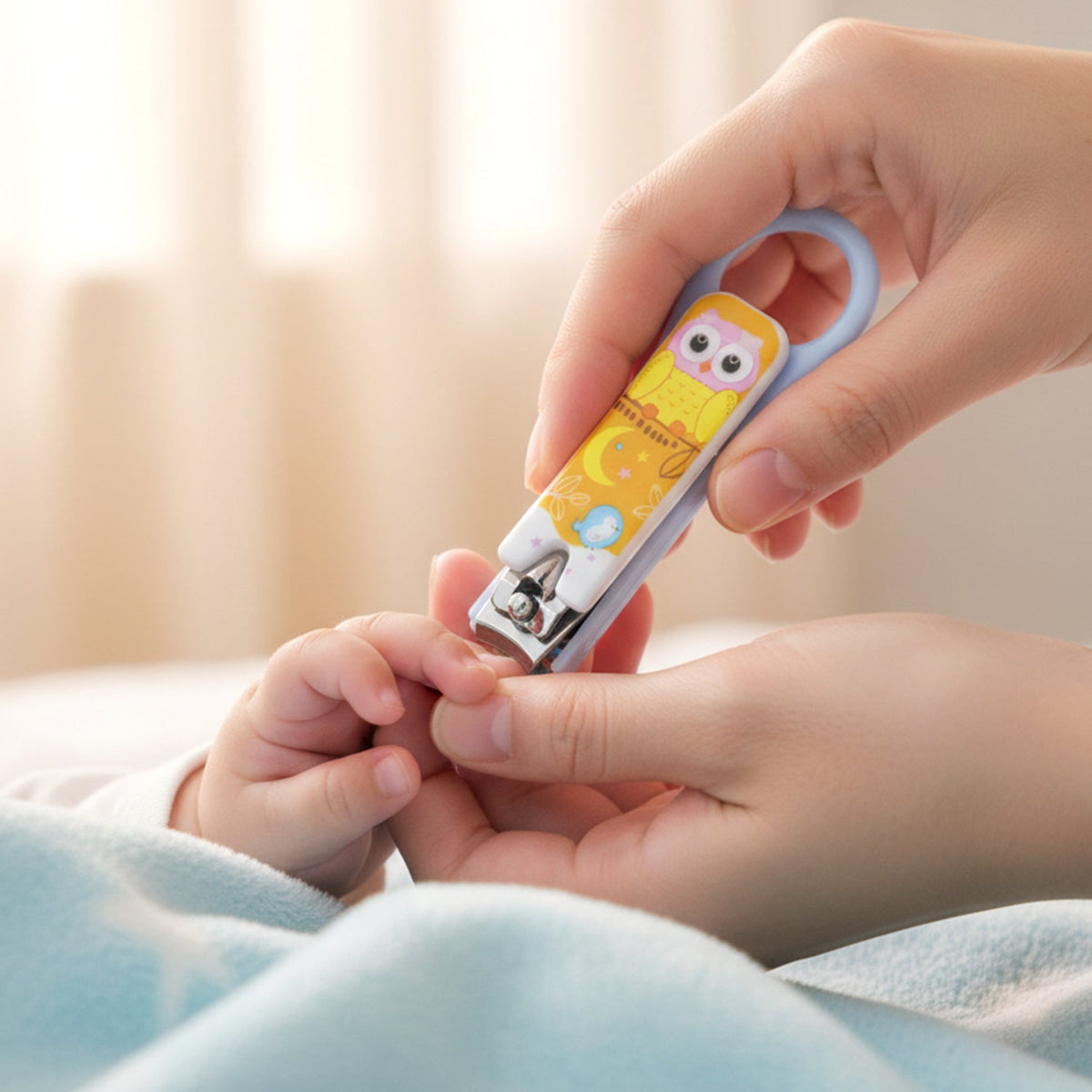 A close-up of an adult's hand using the owl-designed nail clipper to trim a baby's tiny fingernail.