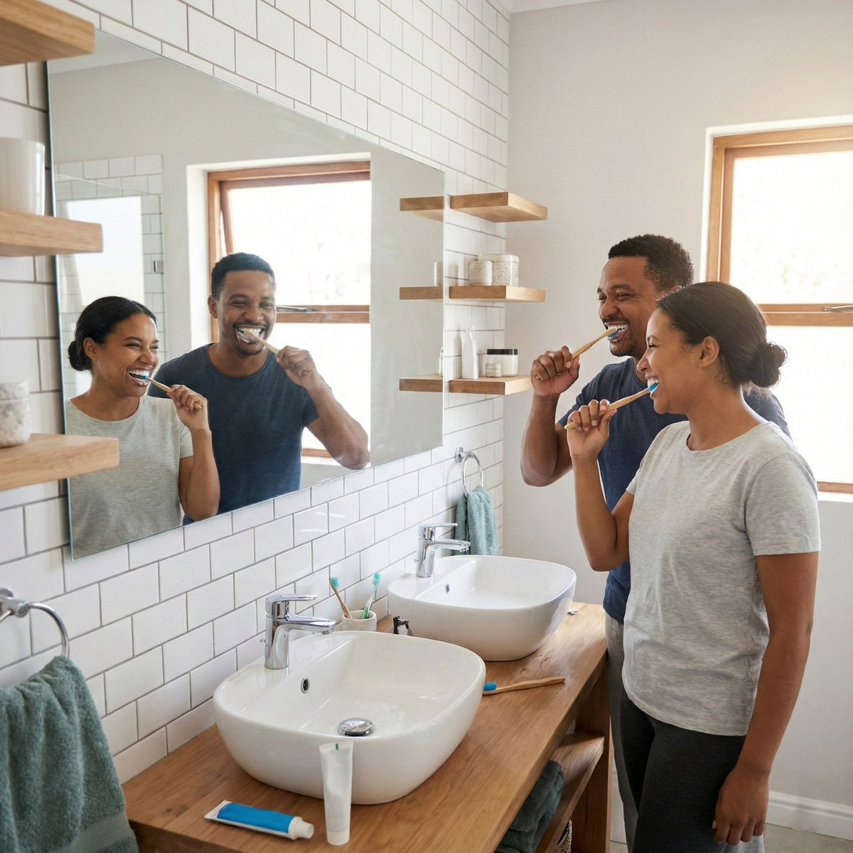 A couple brushing their teeth with bamboo toothbrushes in a modern bathroom with two sinks and wooden shelves.