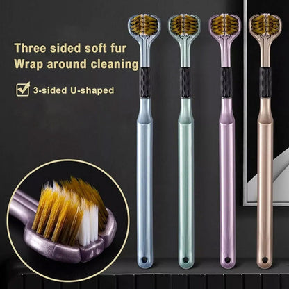 Four three-sided toothbrushes in blue, mint, purple, and beige arranged vertically on a dark background.