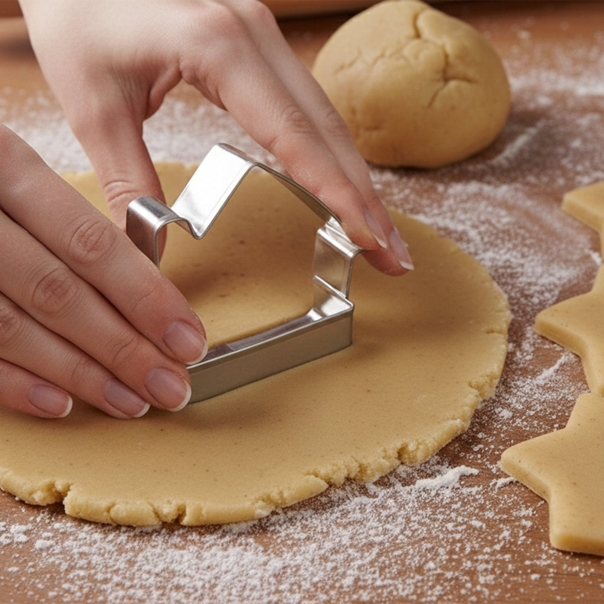 Hands using a house-shaped cookie cutter on rolled-out dough, with a ball of dough and star-shaped cutouts visible.