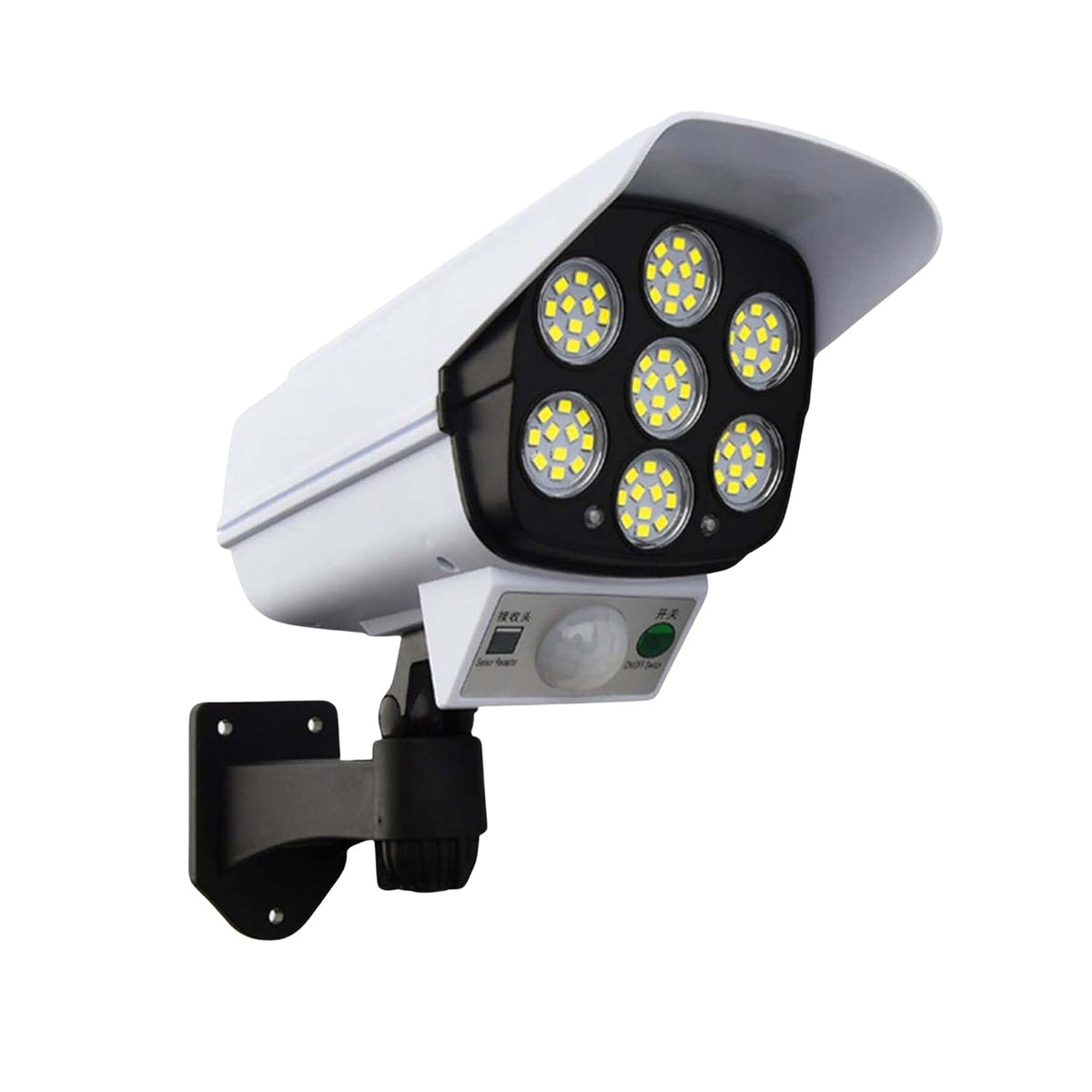 White dummy security camera with seven bright LED lights and a black mounting bracket on a white background.
